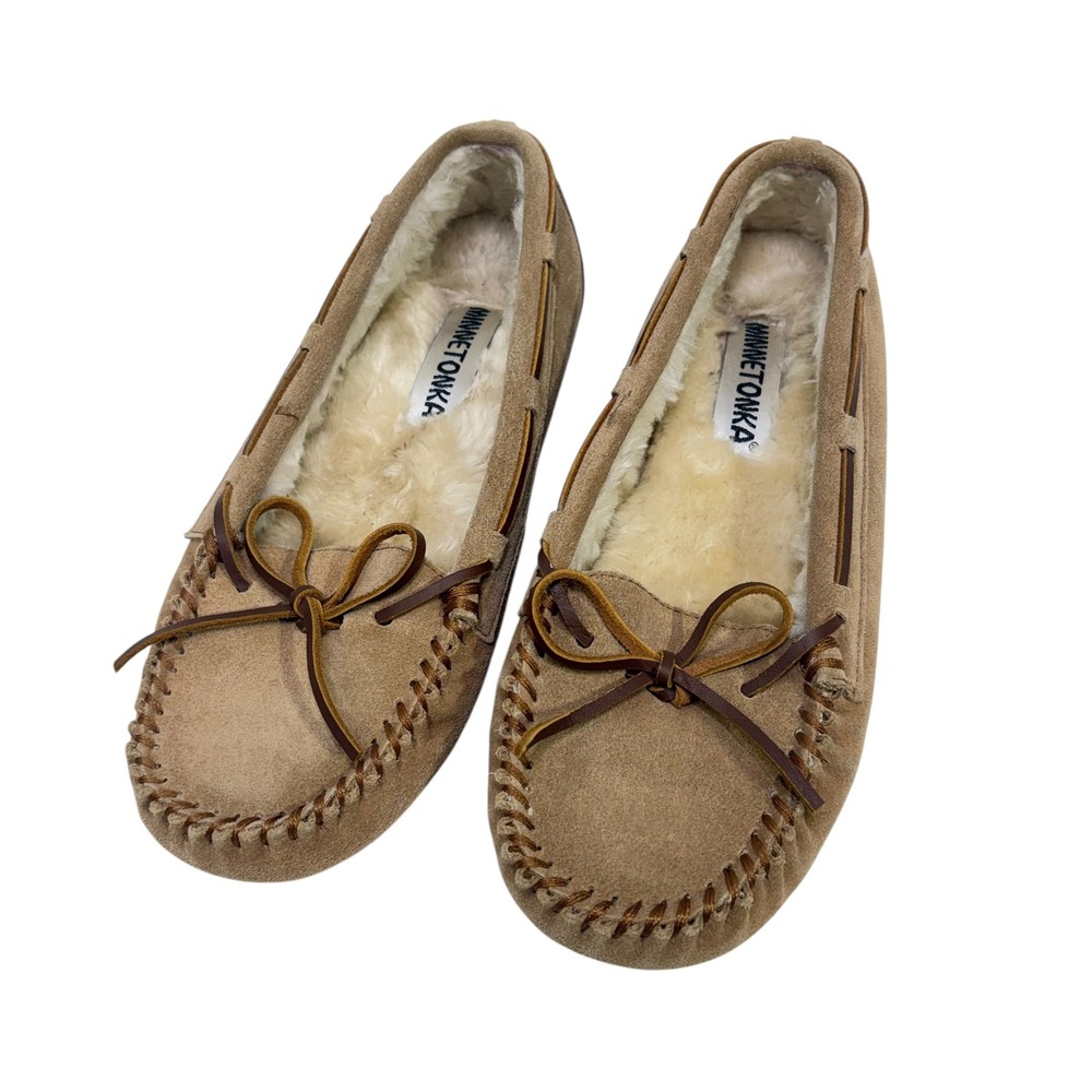 Minnetonka 4052 Cally Suede Moccasin Slippers Tan Faux Fur Lined Womens 8M